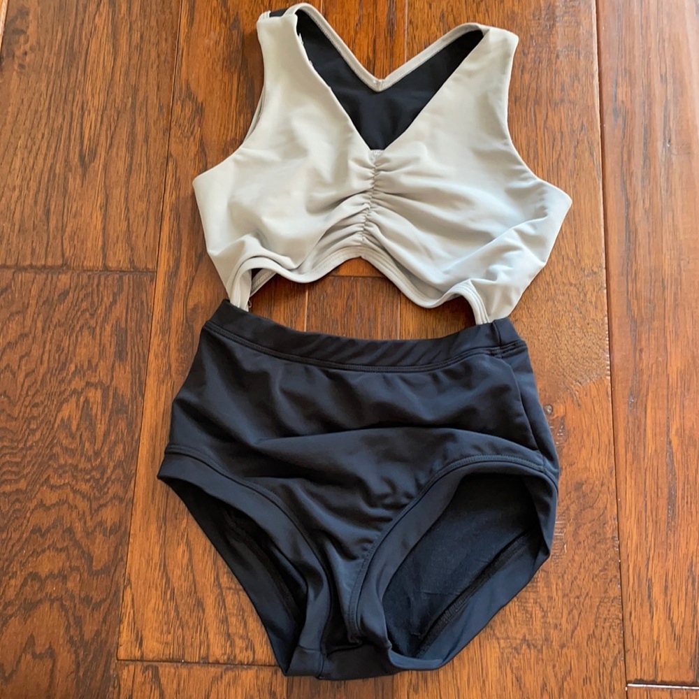 LK leotard black and grey banded leg leotard used